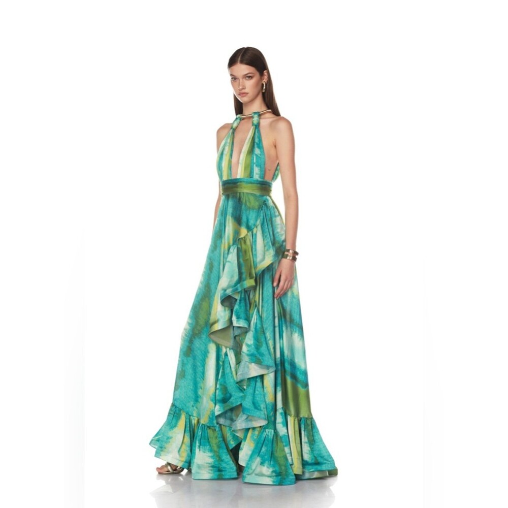 Bronx Banco Palma Coastal Gown Teal & Lime Halter High-Low Ruffle Maxi Dress - Picture 6 of 16